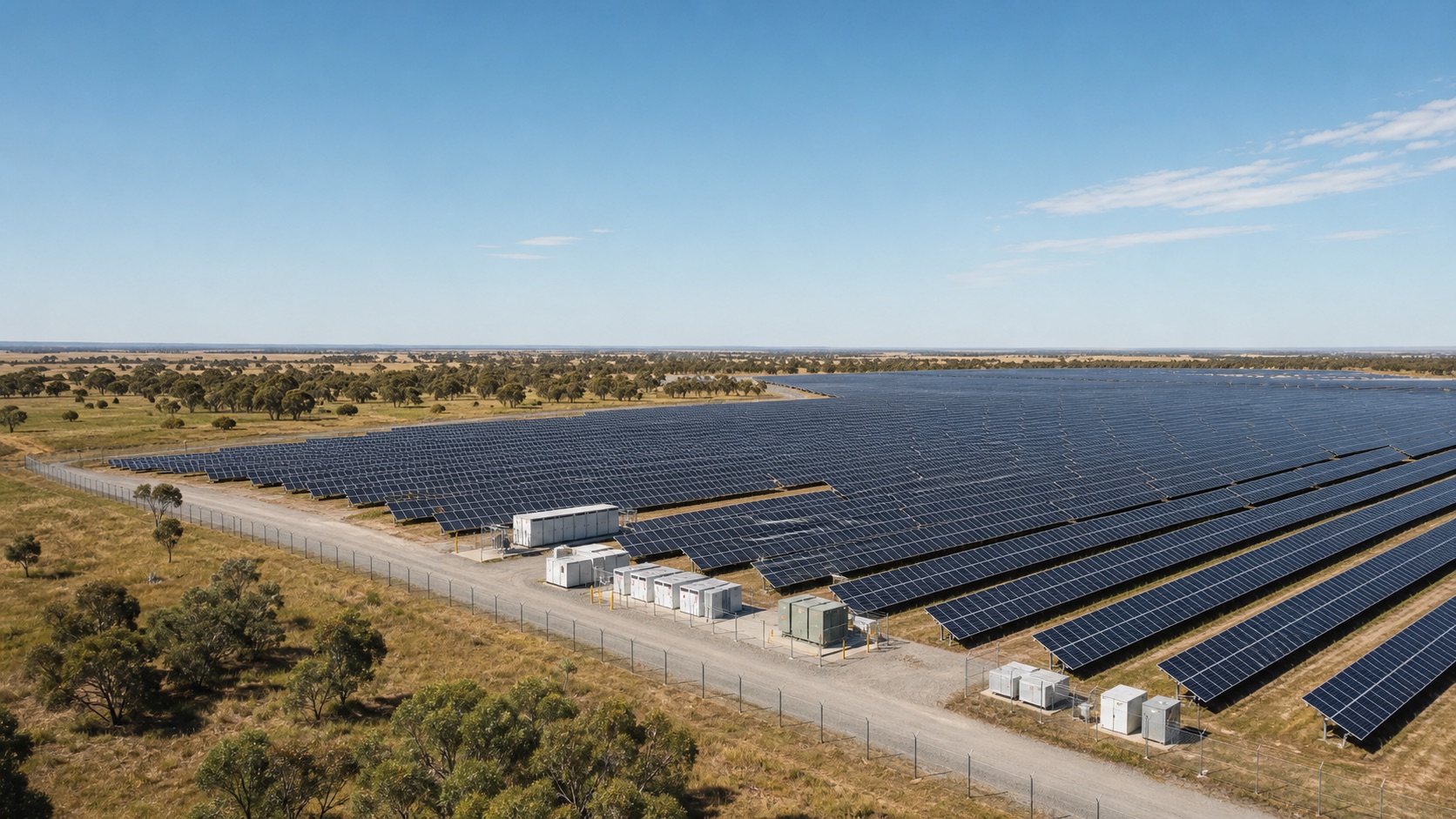 Existing solar farm before decommissioning with rows of panels, fencing and service tracks