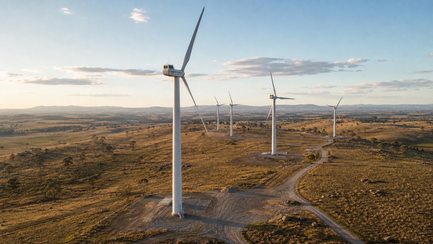 Existing wind farm before decommissioning with turbines, access tracks and hardstand areas